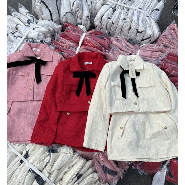 SET DẠ TEX CÚC ĐỒNG MIX NƠ CỔ”HAZIN”DIỆN TẾT XINH