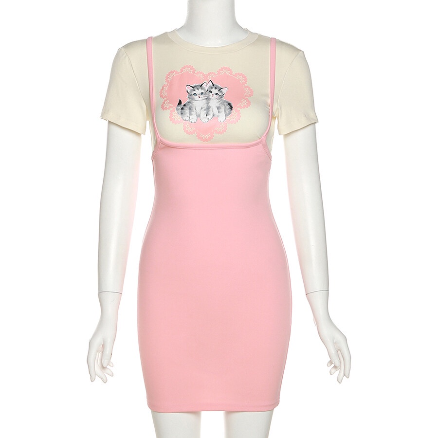 Set áo thun ngắn tay in hình mèo và chân váy ôm mini WEIRD PUSS phong cách thời trang nữ tính