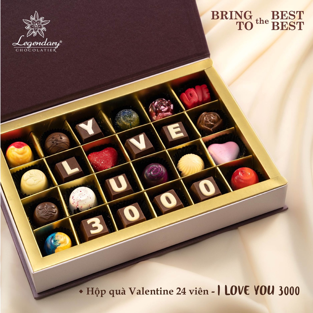 Hộp quà Socola tươi đủ vị trang trí sang trọng thích hợp cho Valentine và các dịp lễ Legendary Chocolatier