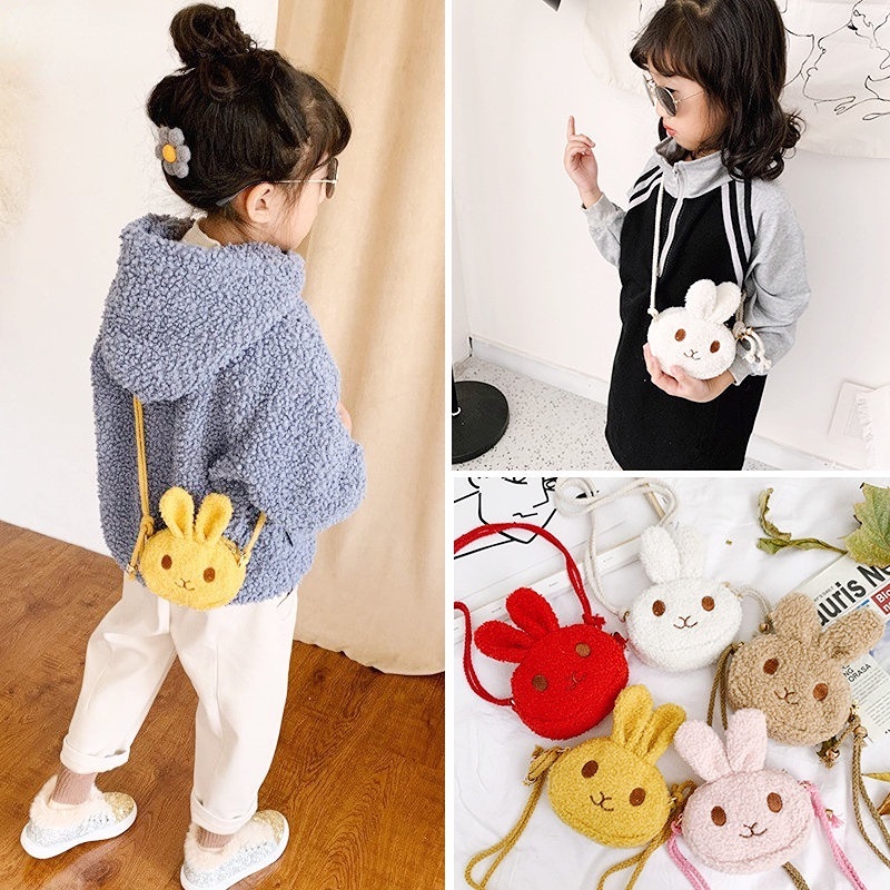 Túi Đeo Chéo Bằng Vải Bông Mềm Hình Thỏ Dễ Thương Có Khóa Kéo Cho Bé Gái