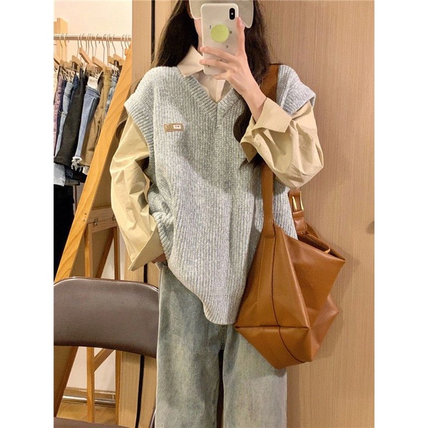 Áo Dệt Kim Sát Nách Cổ Chữ V Màu Xám Thời Trang Mùa Thu Cho Nữ Sinh