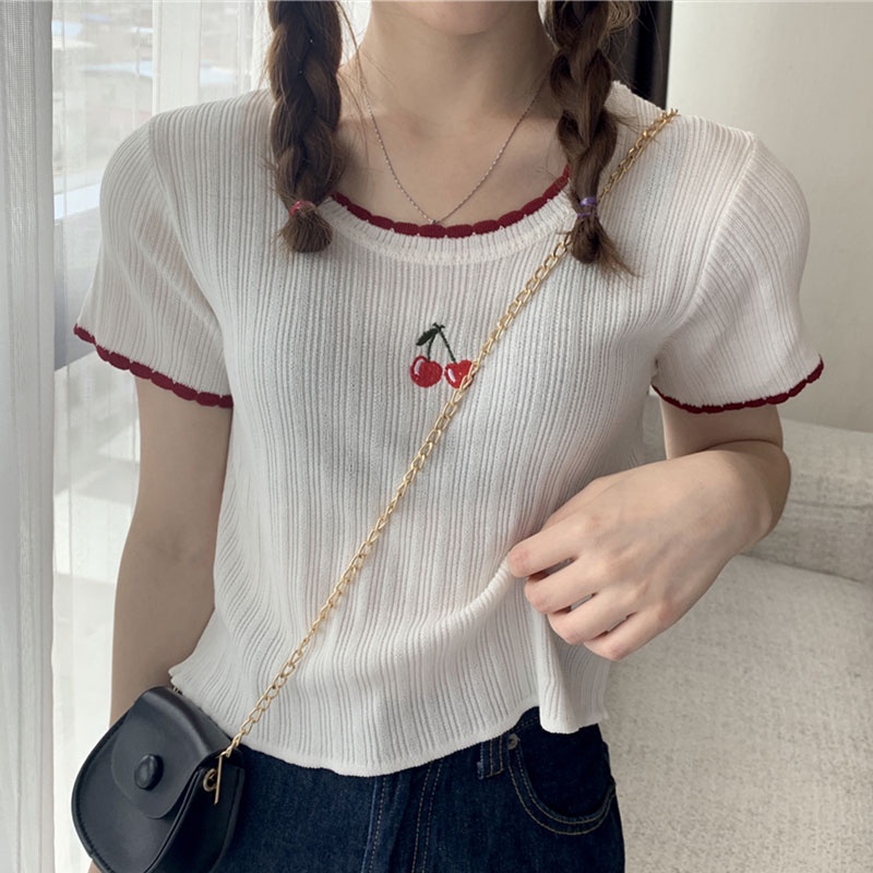 Áo sweater Tay Ngắn Cổ Tròn Dáng Ôm Thời Trang Mùa Hè Phong Cách Hàn Quốc Cho Nữ