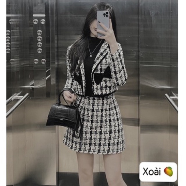 Sét dạ kẻ 2 nơ sang chảnh mặc đi làm, đi chơi đều xinh