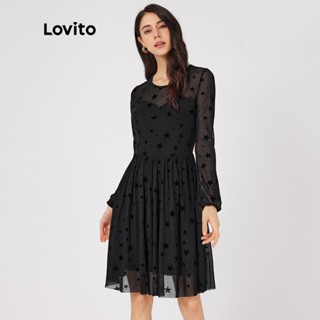 Váy đầm Lovito Lớp phủ lưới in sao L23LD054 (Đen)