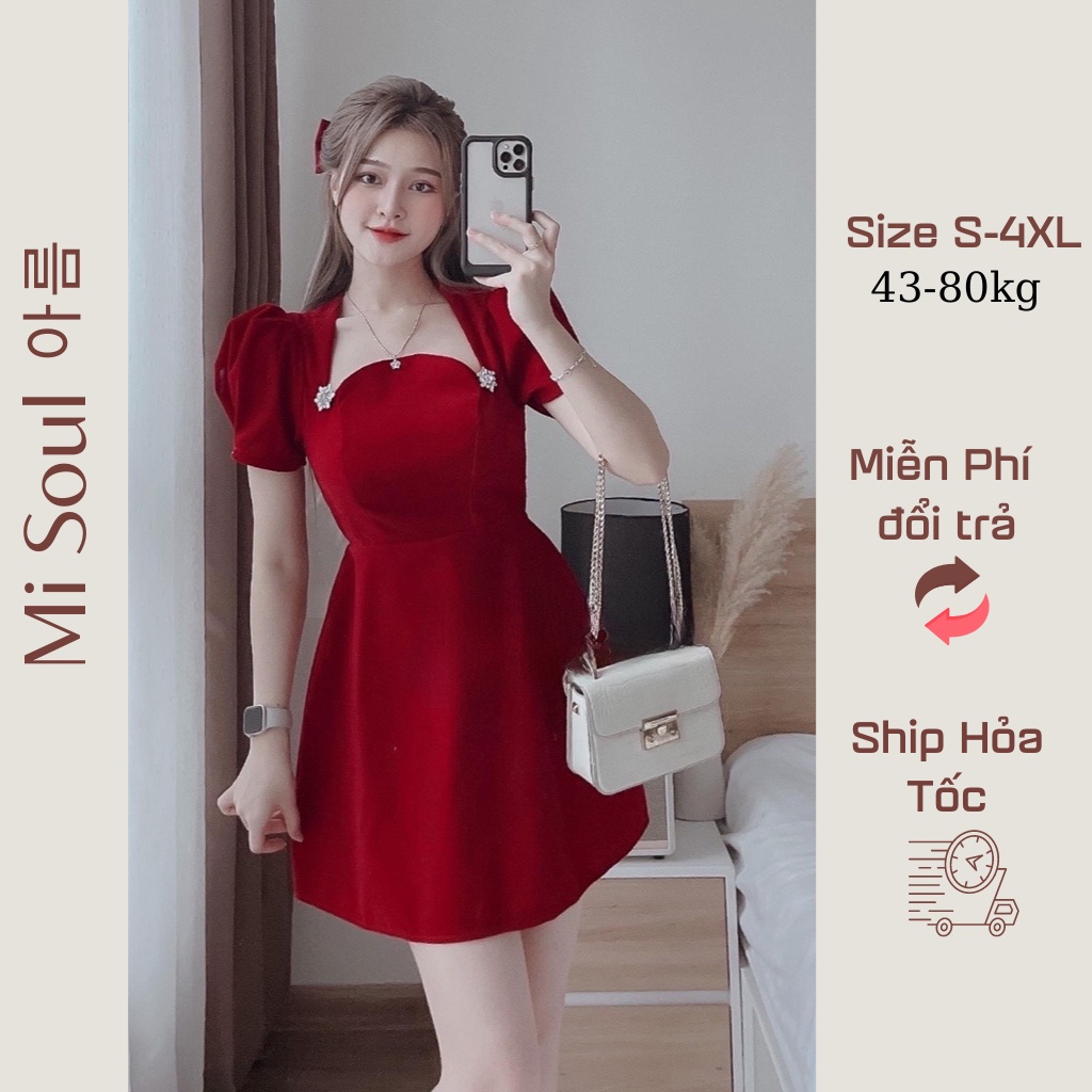 Đầm Nhung Dự Tiệc Thiết Kế Cổ Vuông Sang Chảnh, Váy Dự Tiệc Đính Cúc Ngọc Chất Tuyết Nhung Mềm Mịn 203