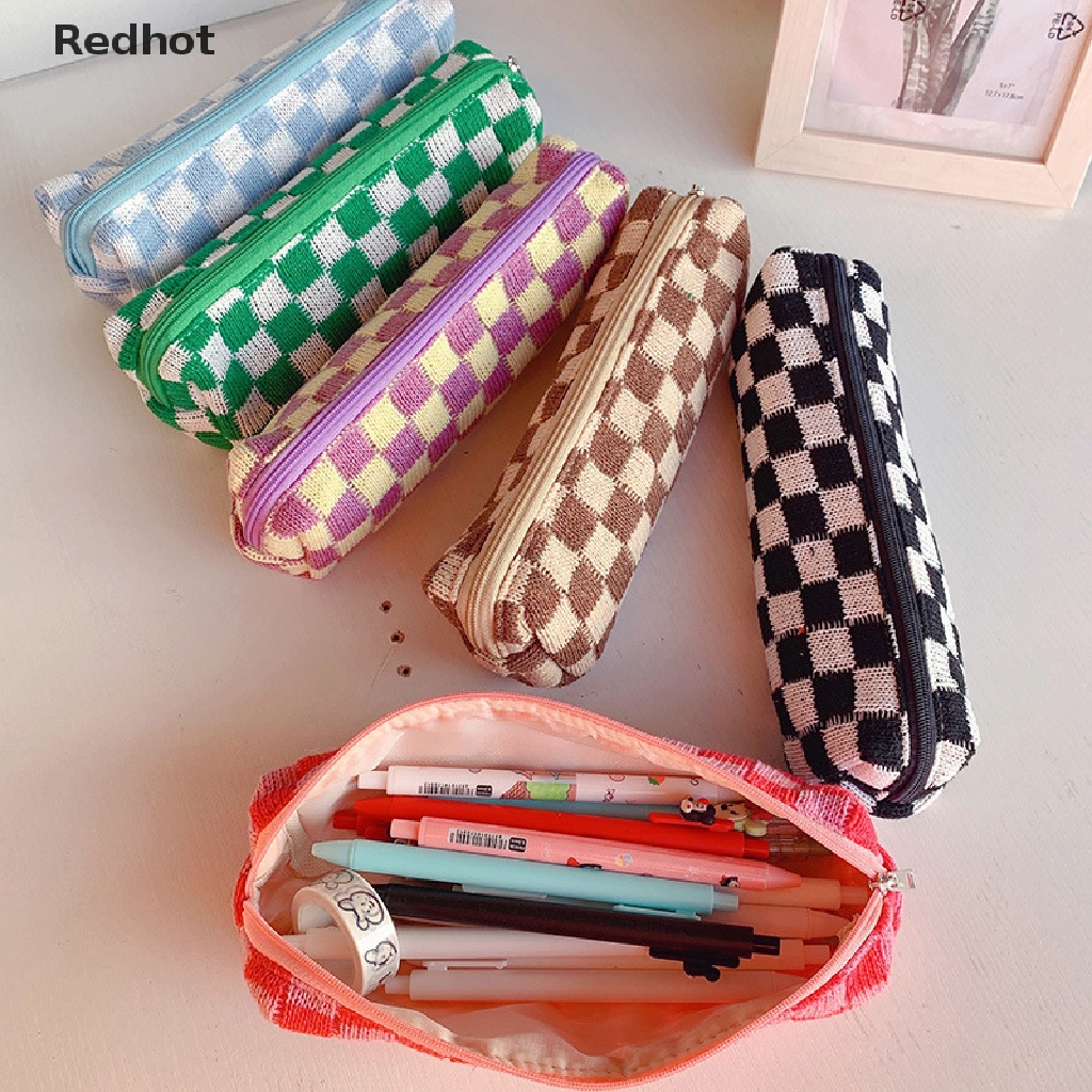 &lt; Redhot &gt; Túi Đựng Bút Chì Mỹ Phẩm Dệt Kim Kẻ Ô Dễ Thương Sức Chứa Lớn Và Sắp Xếp Gọn Gàng Cho Trường Học