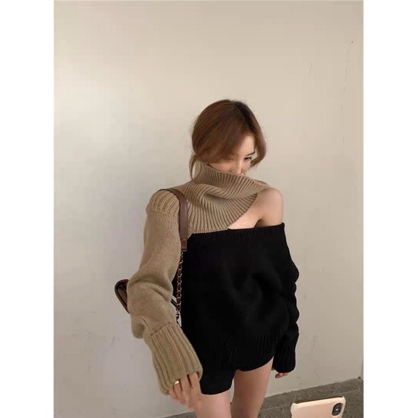 Pass áo len trễ vai phối màu nâu đen trẻ trung cá tính