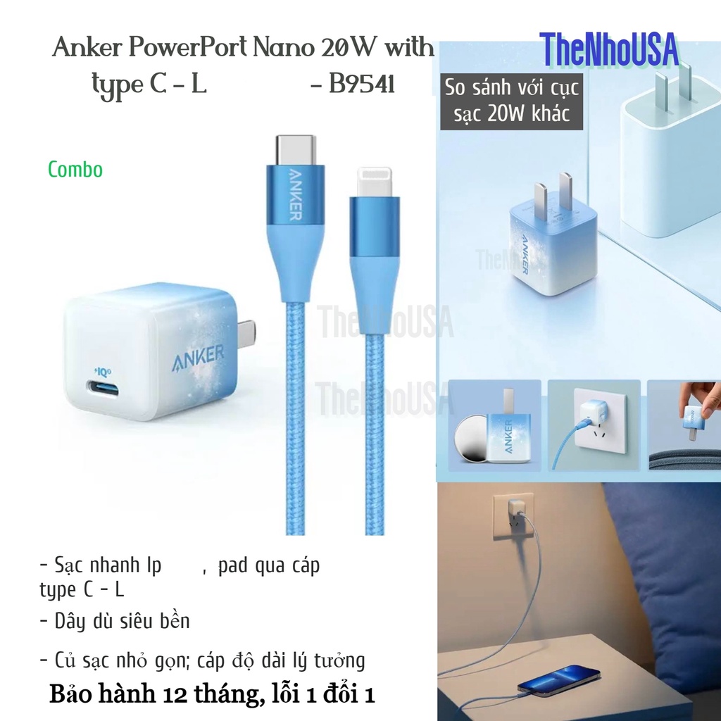 Combo Sạc nhanh Anker PowerPort Nano Powercore III 20w - B9541 dây dù [BH 12T]