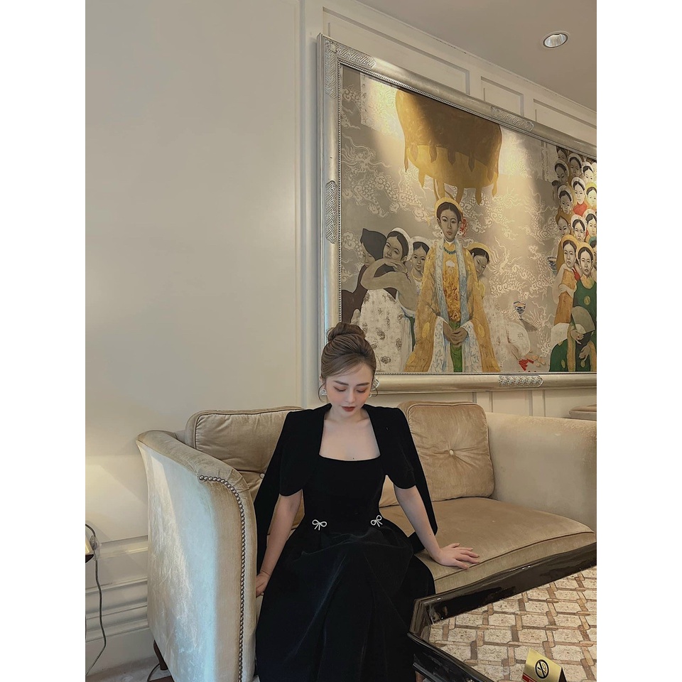 Set đầm váy nữ nhung đính ngọc mix áo khoác xinh xắn, sang chảnh thích hợp dành cho các nàng diện đi chơi, đi tiệc