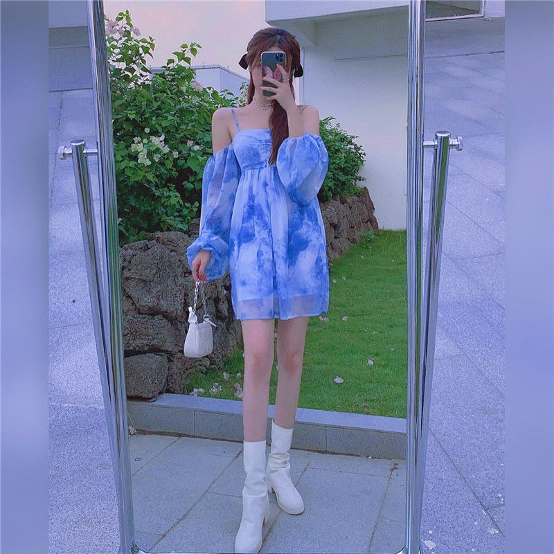 Đầm Ngắn Hai Dây Nhuộm Màu Tay Dài Phồng In Họa Tiết Hoa Phong Cách Pháp Cổ Điển Thời Trang Mùa Hè Hàng Mới 2023