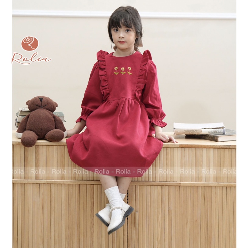 Váy bé gái thêu hoa Princess Dress ROLIA chất nhung mềm dày dặn dài tay mùa thu V120
