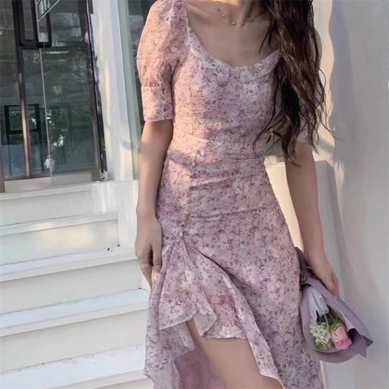 Đầm Hoa Cổ Vuông Dáng Dài Xẻ Tà Thời Trang Mùa Hè 2023 Phong Cách Pháp Cho Nữ