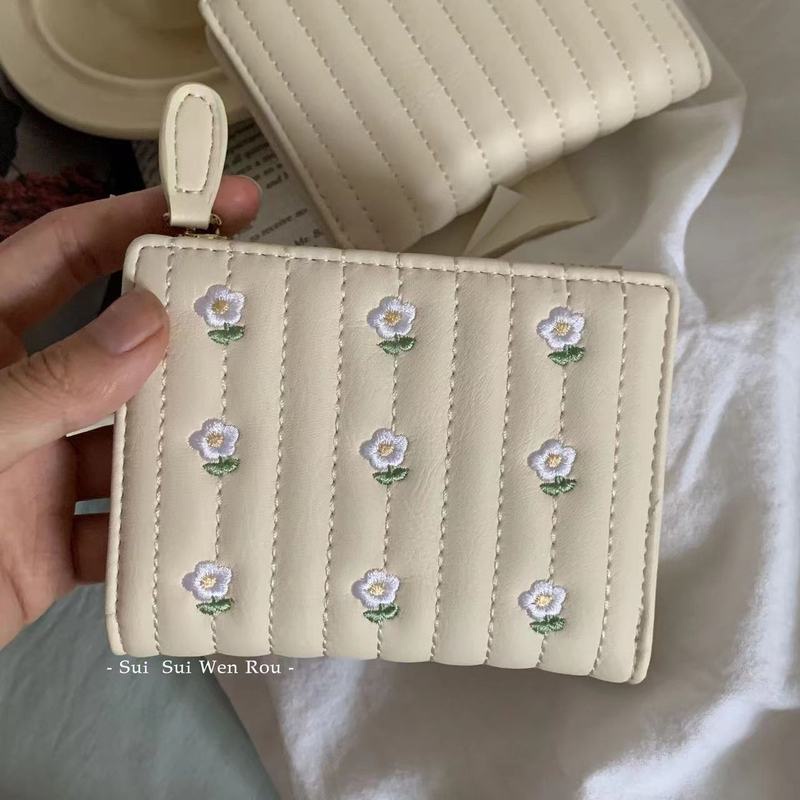 Ví Gấp Mini Thêu Họa Tiết Hoa Đơn Giản Chất Lượng Theo Phong Cách Hàn Quốc Dành Cho Nữ