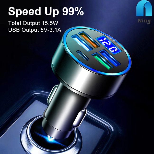 Củ Sạc Nhanh 4 Cổng Usb Type-c Màn Hình Led Kỹ Thuật Số Hiển Thị Thời Gian Thực Với Bộ Sạc Điện Áp 5 Trong 1 Cho Xe
