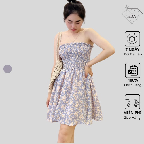 Đầm Hoa Nhí Pastel Châu Âu, Đầm Nữ Ống Ngực Suông Xếp Ly Dáng Ngắn Sexy Xoè Tiểu Thư
