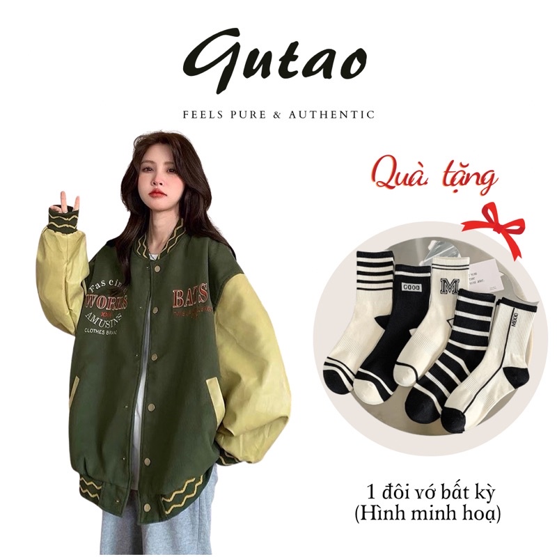 Áo khoác bomber jacket varsity nam nữ màu xanh, chất dạ 2 lớp phối tay da cao cấp, chi tiết thêu-GUTAO