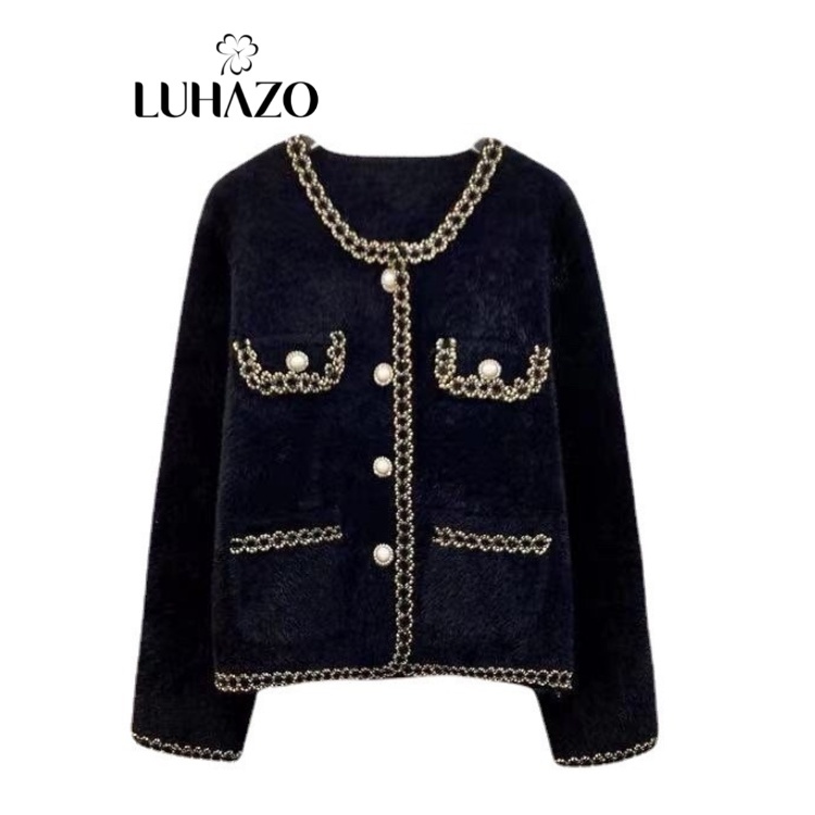 Áo khoác len nữ cardigan tay dài khoác dạ lông thỏ LUHAZO 2 màu đen trắng cúc ngọc cổ tròn dáng ngắn kiểu Hàn Quốc D-7