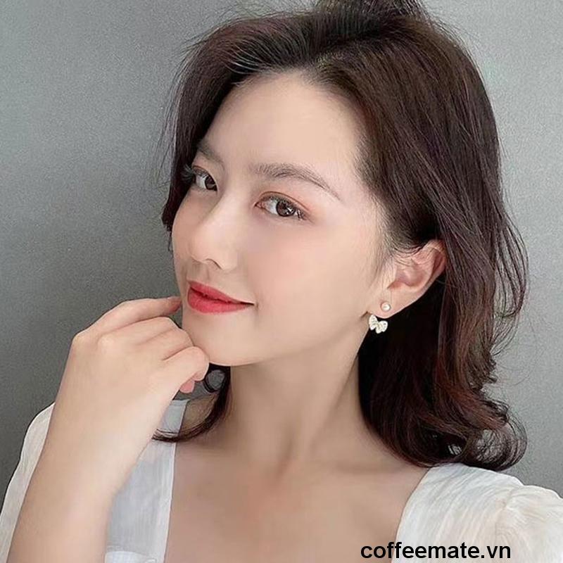 【coffeemate】⚡ Khuyên tai mạ bạc 925 hình nơ phối ngọc trai nhân tạo đơn giản phong cách Hàn Quốc bông tai nữ