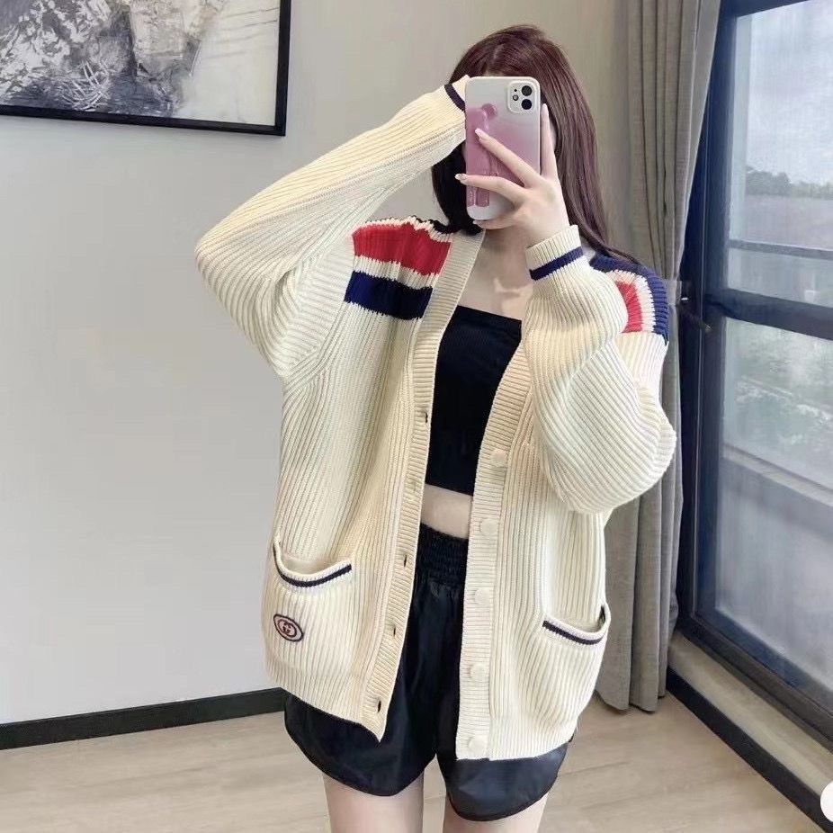 Áo Khoác Cardigan Dệt Kim Cổ Chữ V Họa Tiết Gucci Màu Tương Phản Phong Cách Vintage Cho Nam Và Nữ