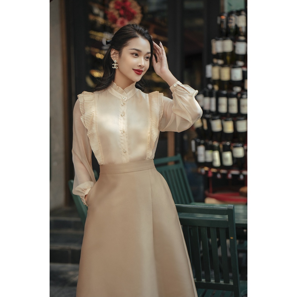 Áo sơ mi be lụa,ngực xếp bèo HUONG BOUTIQUE - HBSM1031