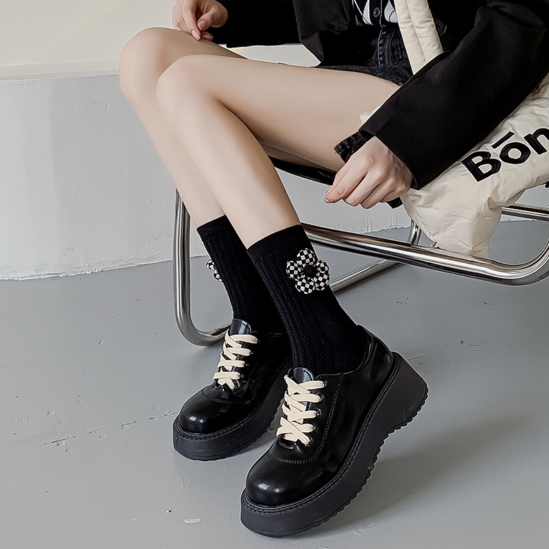 Vớ Cotton Cổ Cao Vừa Màu Trắng Đen Phong Cách Lolita Nhật Bản Cho Nữ