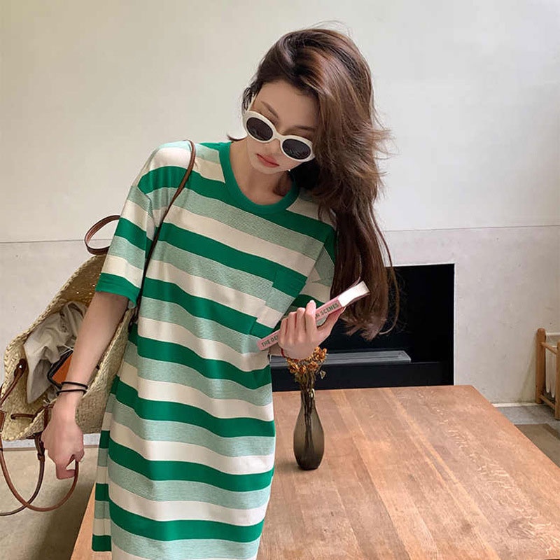 Đầm XINLANYASHE ngắn tay dáng rộng họa tiết kẻ sọc thời trang Hàn Quốc giản dị dành cho bạn nữ