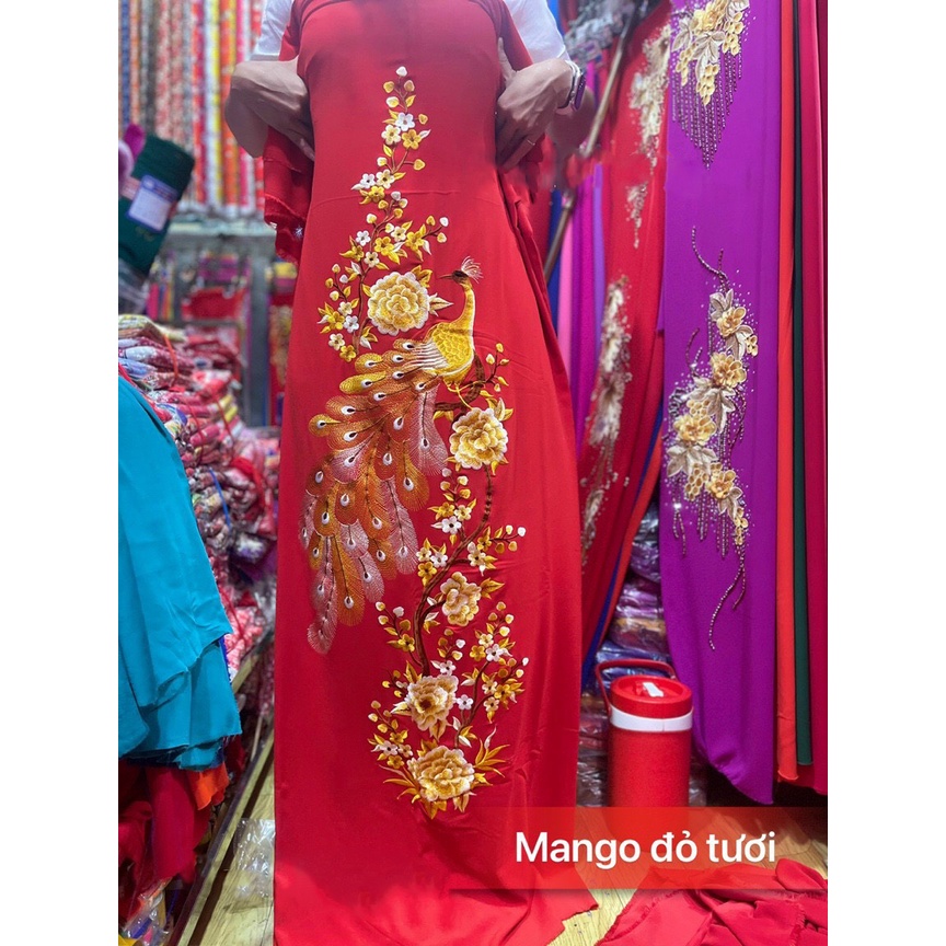 Vải lụa mango thêu công kiểu 1, vải áo dài cao cấp thêu lắc tay (Sỉ lẻ vải áo dài giá xưởng)