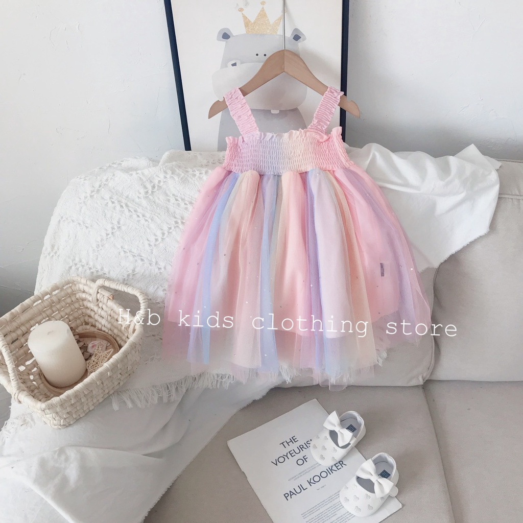 Váy 2 dây công chúa cầu vồng cực hot cho bé gái 8-20kg, váy cầu vồng hot tream 2023