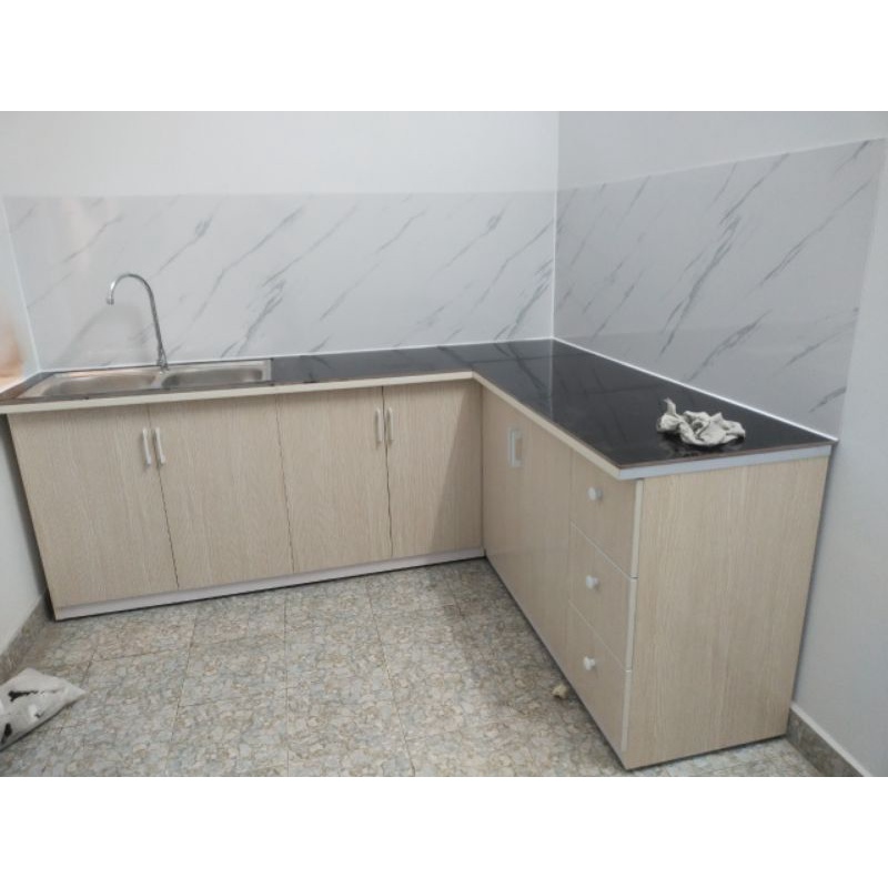 Tủ Bếp Nhựa Đài Loan Quốc Kiệt - 2 Bồn Rửa - Mặt Dán Gạch Men - Sang Trọng,Bền Bỉ - Miễn Phí Vận Chuyển Tại Nhà