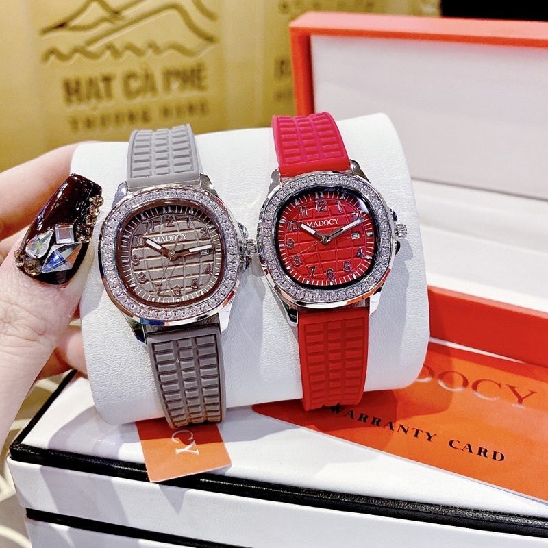 Đồng hồ nữ Madocy 81698 chính hãng mặt vuông đính đá dây silicon siz 32mm