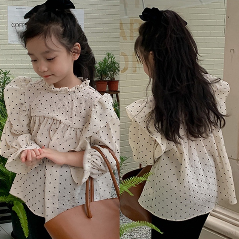 Áo Kiểu Tay Dài Cổ Đứng In Họa Tiết Chấm Bi Thời Trang Xuân Thu Xinh Xắn