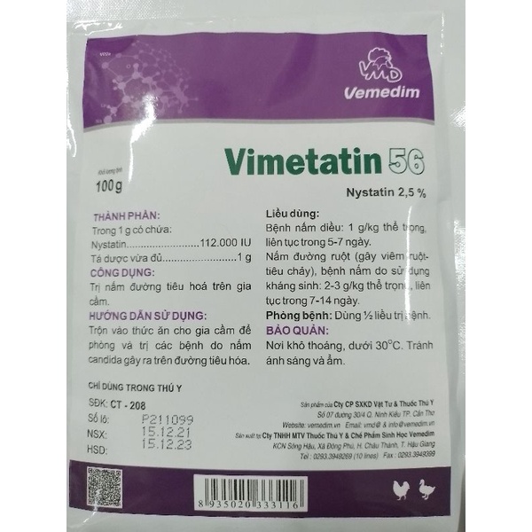 Vimetatin 100 gram nên sử dụng trong quá trình nuôi gà, nấm diều, nấm họng hsd 29/11/2023
