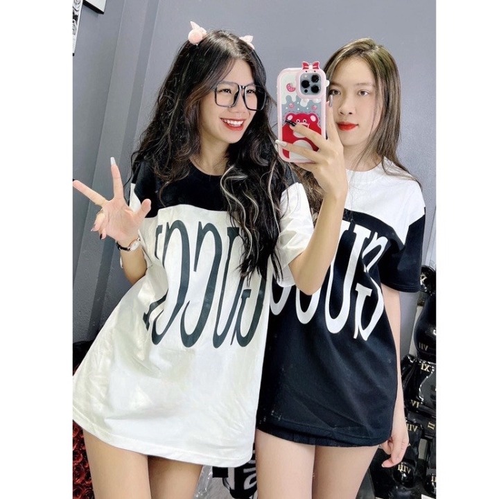 Áo phông Unisex nam nữ Premium Cotton phối màu dập chữ GG trước ngực-Áo thun tay lỡ dáng thụng