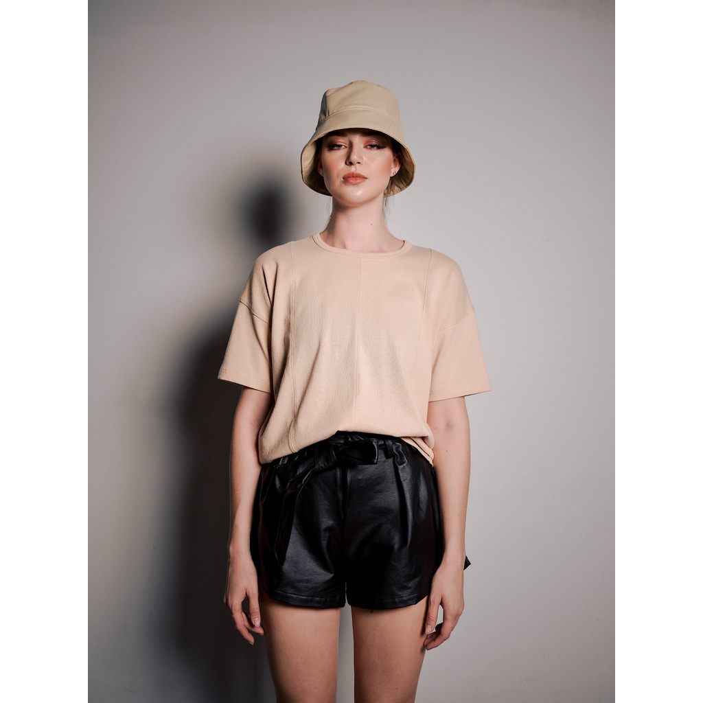 Nón da thời trang, màu kem, là min -  "PEANUT" LEATHER BUCKET HAT