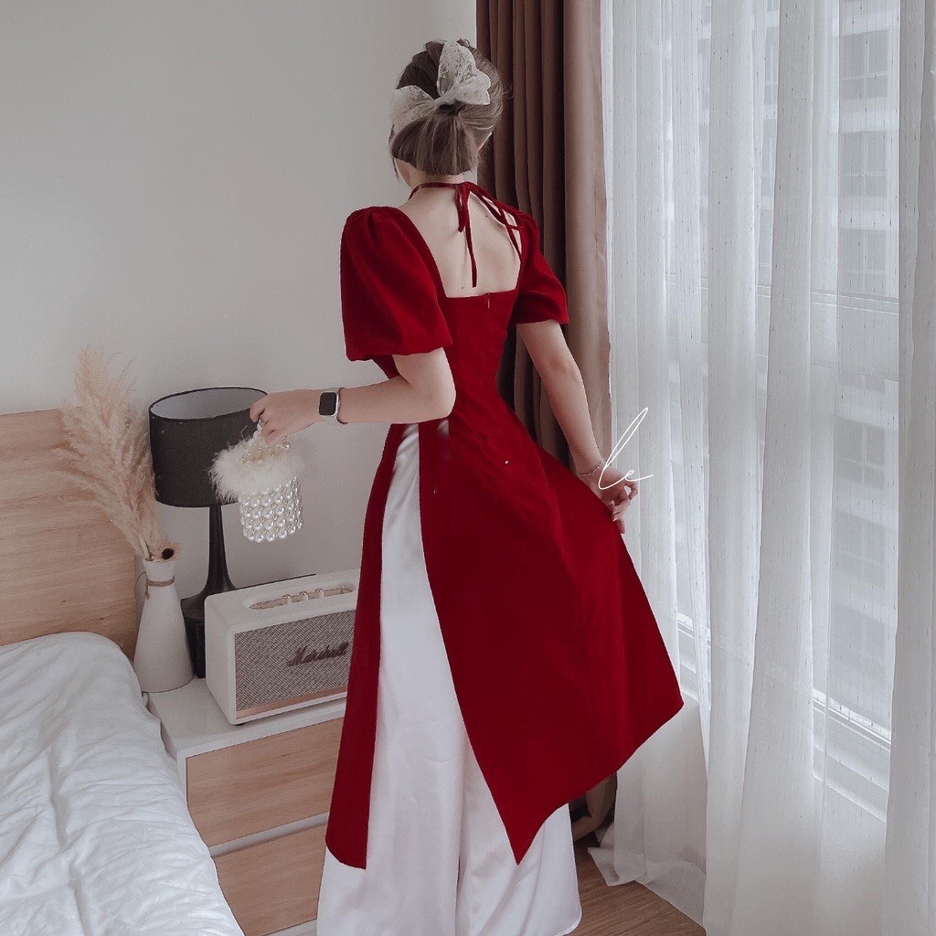 Áo Dài Cách Tân Nữ Nhung Hàn Cổ Yến Tay Phồng Siêu Trắng Da