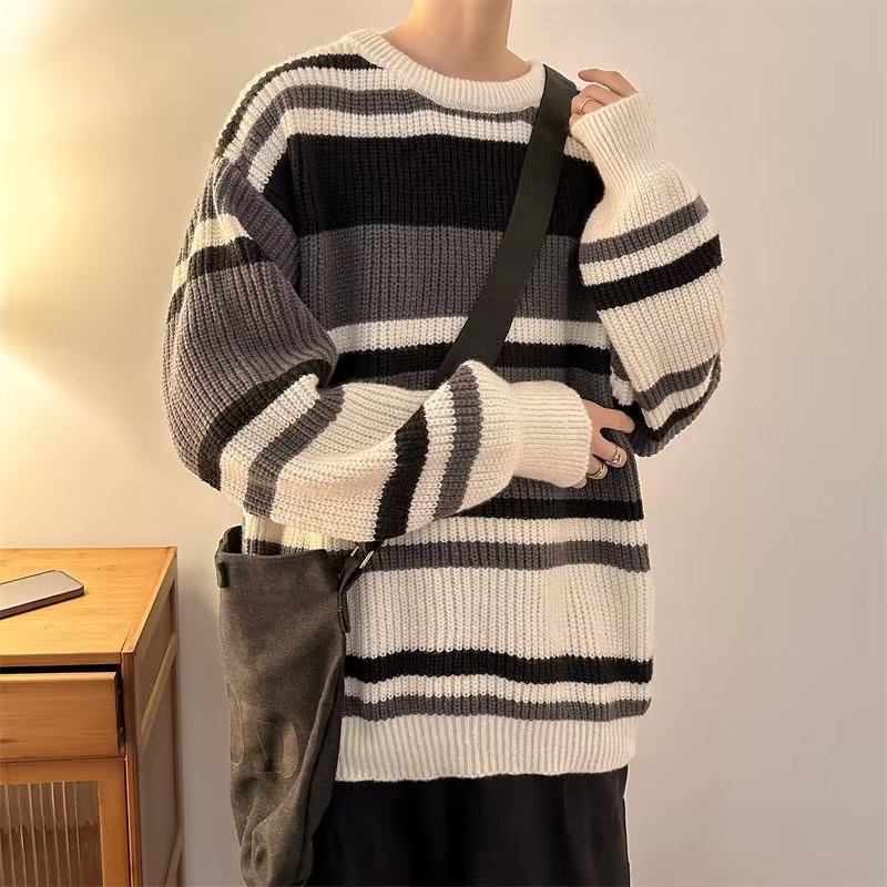 Áo Sweater Dệt Kim Tay Dài Cổ Tròn Họa Tiết Kẻ Sọc Thời Trang Thu Đông 2022 Cho Nam
