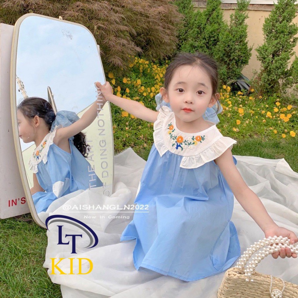 Váy đầm bé gái-cổ thêu hoa sịn - vải thô mát