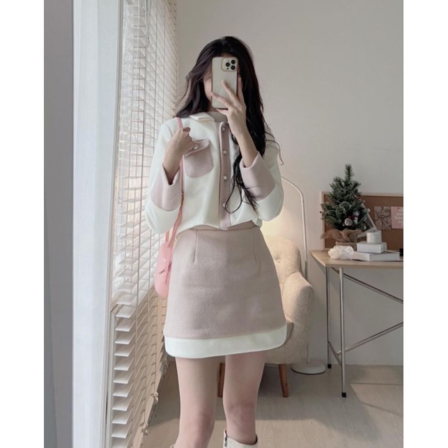 Set Dạ Ép Lông Cừu Cúc Ngọc Mix Chân Váy Chữ A Hàng Thiết Kế Tesoro Clothes