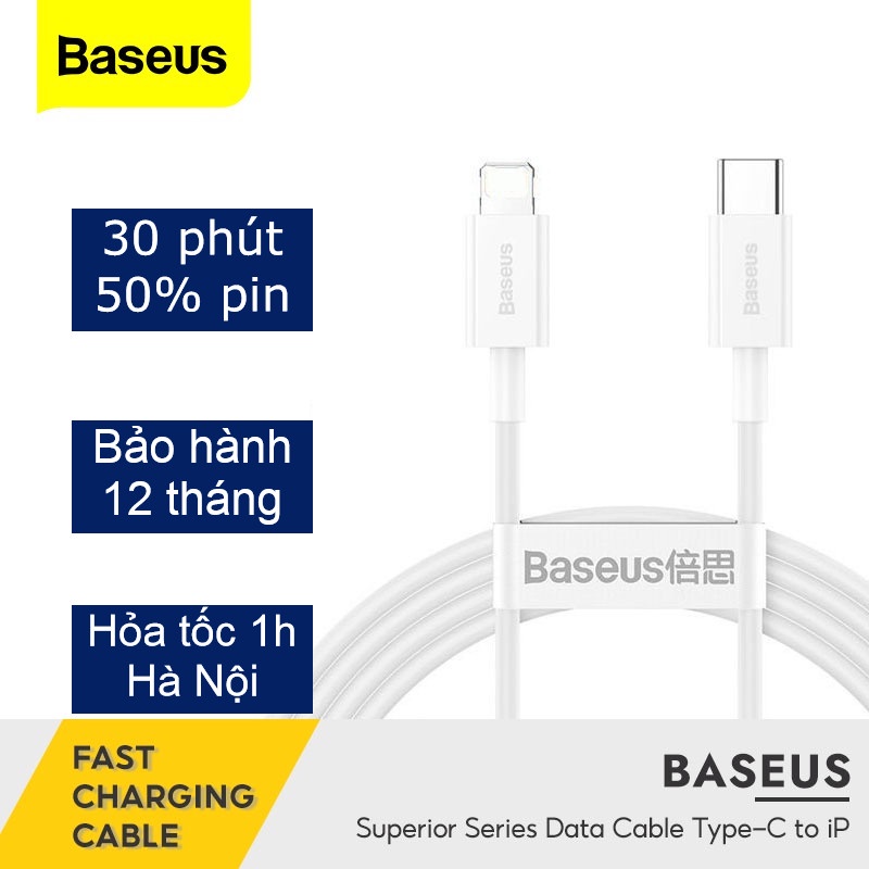 Cáp sạc nhanh Baseus, sạc 30p đầy 50% pin, chất liệu silicon siêu bền, chính hãng bảo, hành 12 tháng