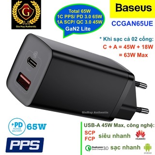 Củ sạc nhanh baseus ccgan65ue gan2 lite 65w pps/ pd 3.0 1c-1a