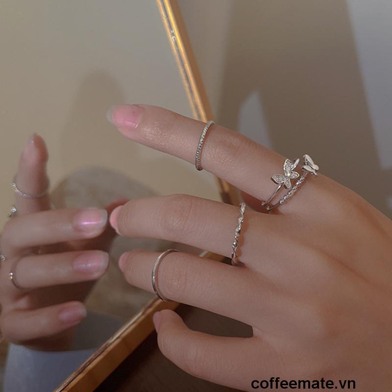 【coffeemate】⚡Bộ 4 nhẫn hợp kim một lớp và hai lớp trang trí bươm bướm phong cách Hàn Quốc thời trang cho nữ