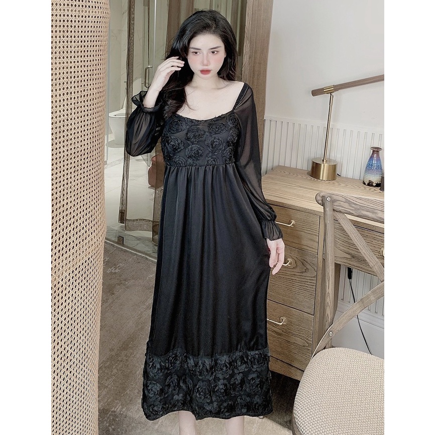 Đầm Ngủ Tiểu Thư Hoa Hồng Tay Dài Chất Lụa 2 Màu Siêu Xinh Freesize