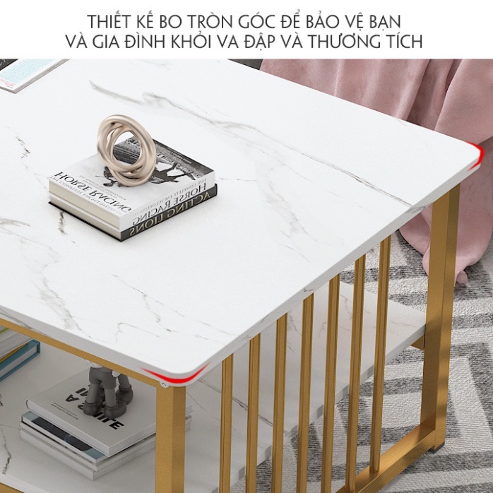 Bàn sofa phòng khách BETA HOME bàn trà mặt gỗ 3 tầng họa tiết vân đá cẩm thạch chân sơn nhũ vàng kích thước 100*50*42cm | BigBuy360 - bigbuy360.vn