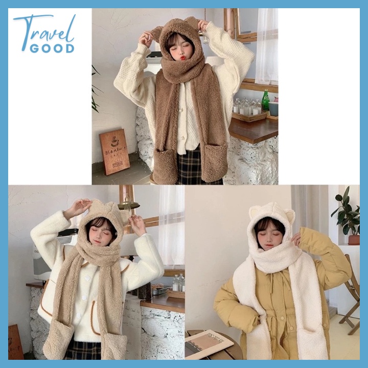 Khăn choàng cổ unisex đi Đà Lạt Sapa Hàn Quốc lông mềm xinh hình gấu cute quàng cổ giữ ấm mùa đông đi chơi, làm quà tặng