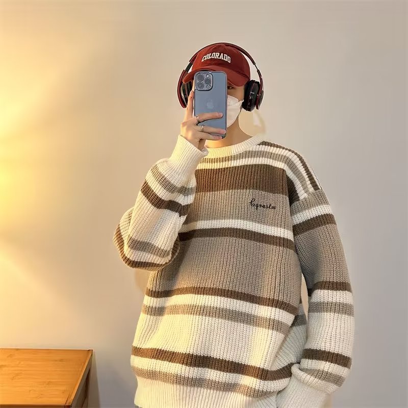 Áo Sweater Dệt Kim Tay Dài Cổ Tròn Họa Tiết Kẻ Sọc Thời Trang Thu Đông 2022 Cho Nam