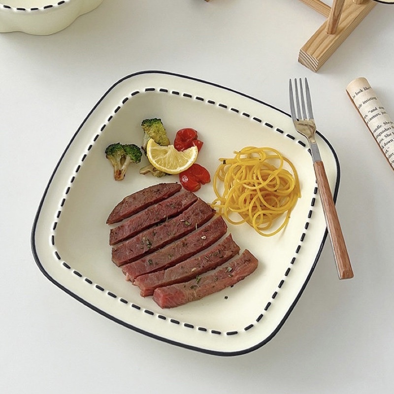 Bộ bát đĩa viền nét đứt, bộ bát đĩa pastel, bát đĩa decor