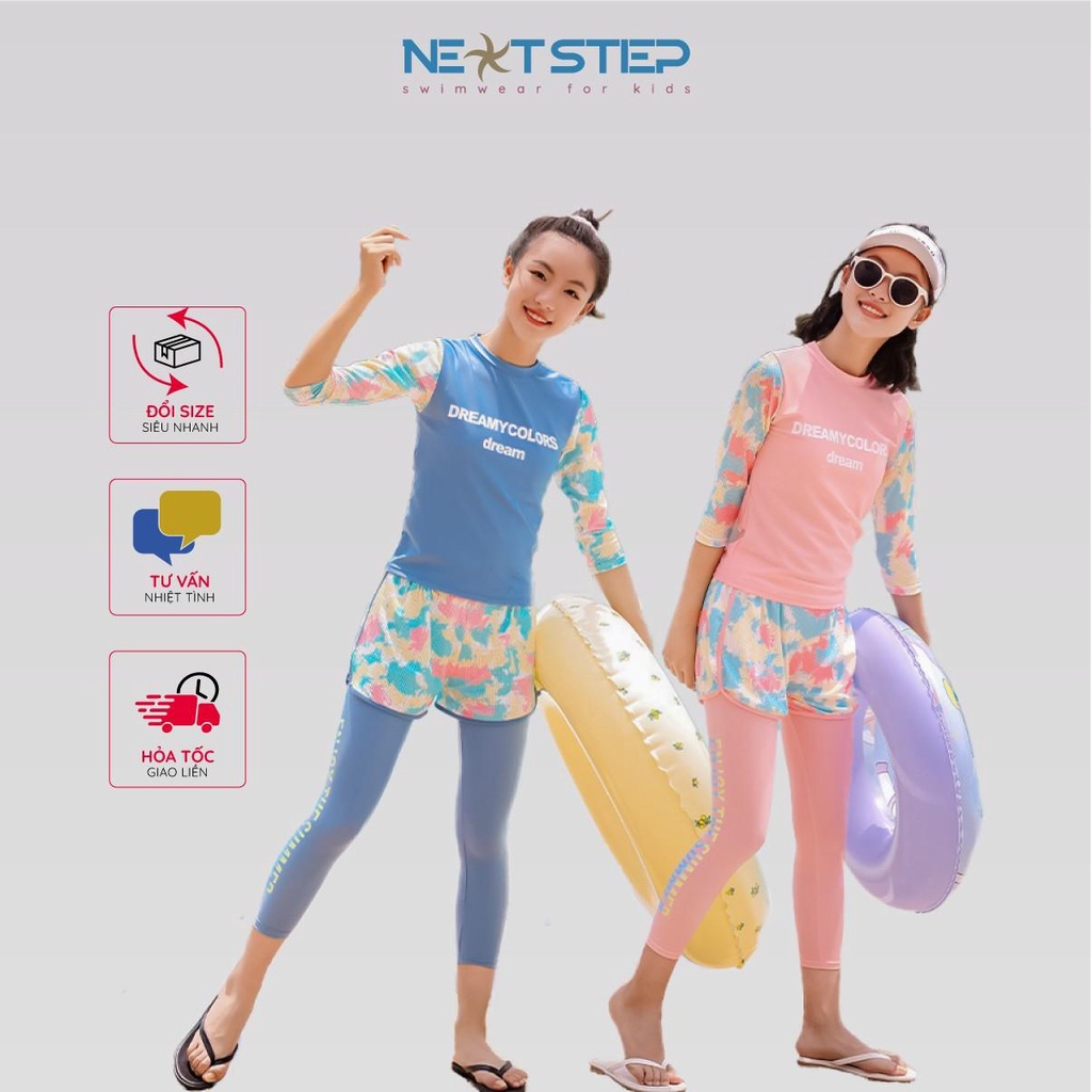 Đồ bơi bé gái, tay dài quần dài chống nắng, set 3 món, phối vải lưới trẻ trung màu sắc tươi sáng size từ 14kg - 38kg