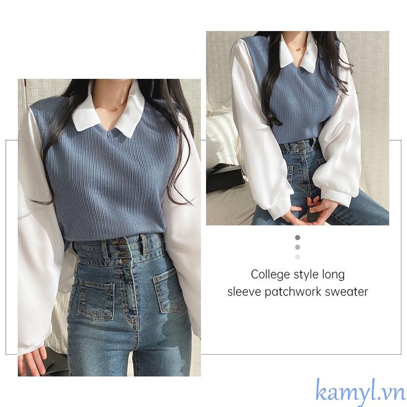 Kamyl Áo Thun Polo Giả Hai Lớp Tay áo dài Dáng Rộng Màu Sắc Tương Phản Thời Trang Dành Cho Nữ