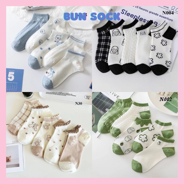 Tất nữ vớ cổ ngắn set 5 đôi nhiều màu họa tiết cute phong cách Hàn Quốc trẻ trung chất liệu co giãn thoáng mát