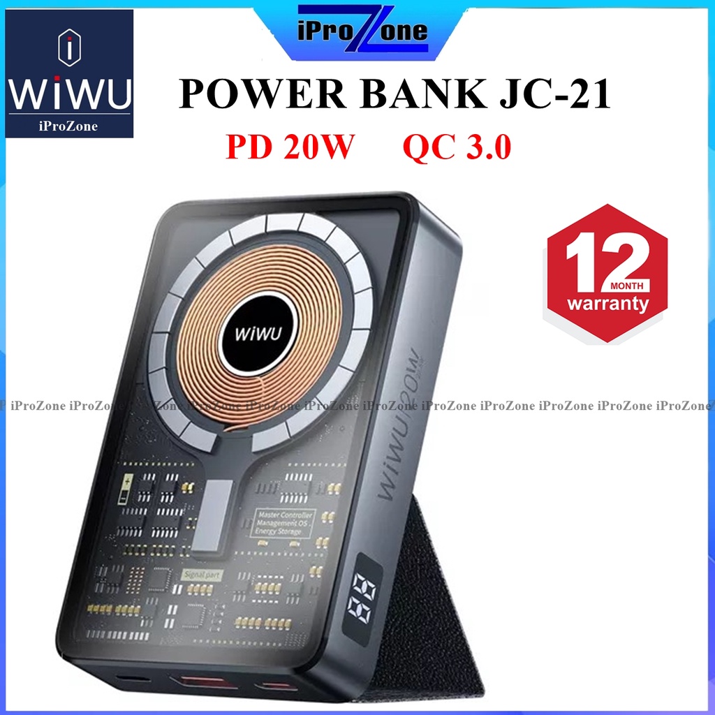 Pin Sạc dự phòng trong suốt lộ cơ WIWU JC-21 10.000 mAh kèm giá đỡ cho iPhone , Sạc nhanh 22.5 W , hỗ trợ sạc không dây